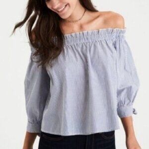 AMERICAN EAGLE Off Shoulder Smocked Blouse Pin Striped Top Sz M